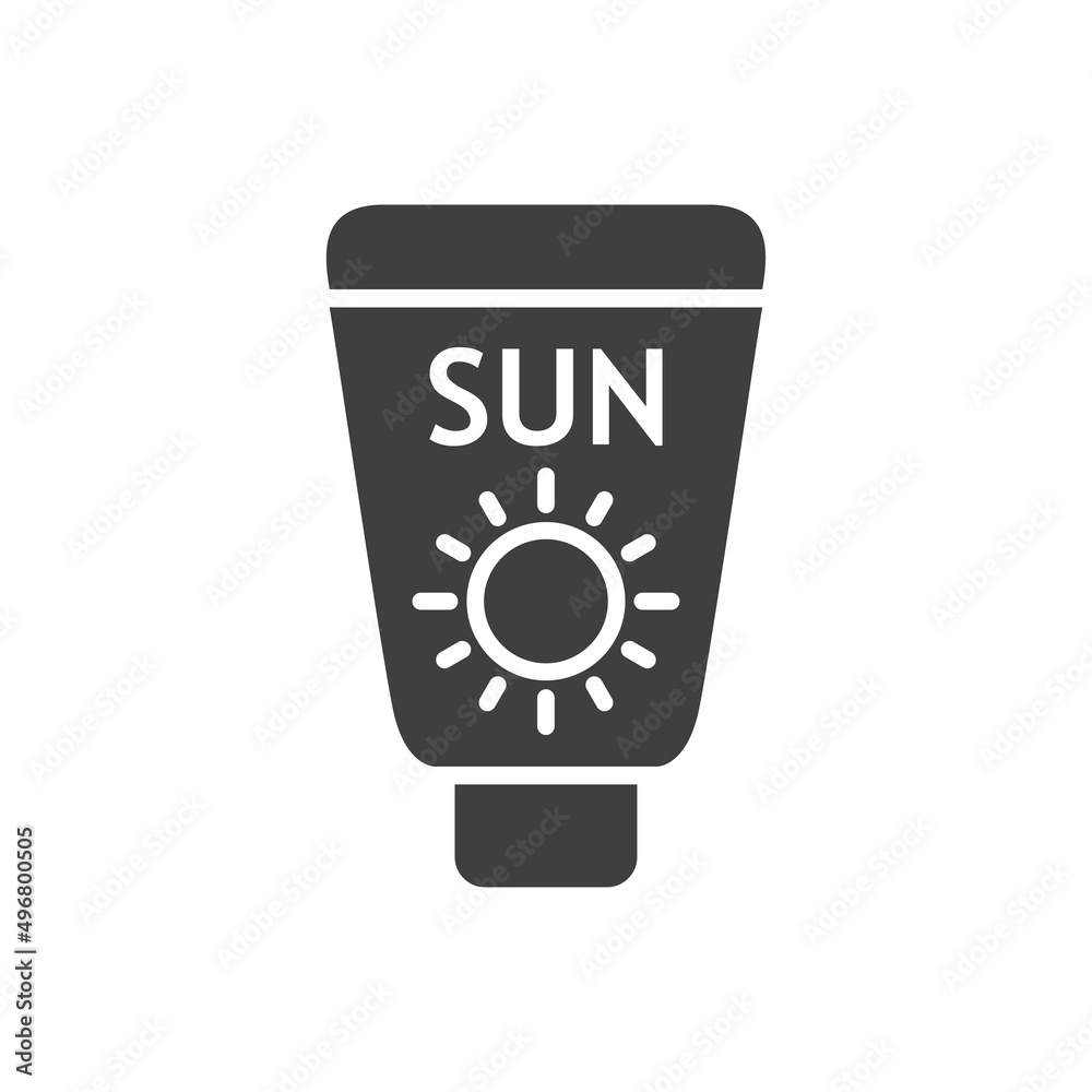 Vacaciones de verano. Crema solar. Logotipo lineal con texto Sun en botella con sol en color gris