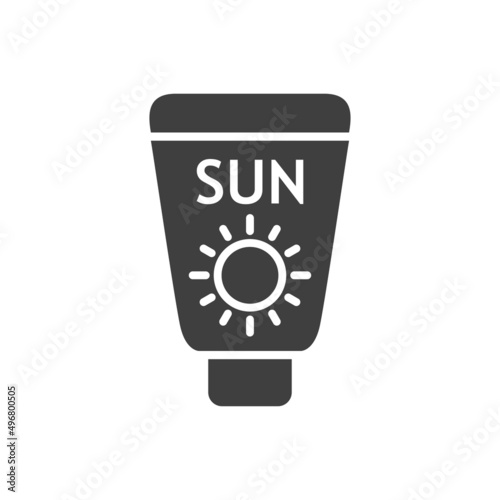 Vacaciones de verano. Crema solar. Logotipo lineal con texto Sun en botella con sol en color gris