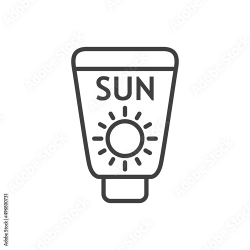 Vacaciones de verano. Crema solar. Logotipo lineal con texto Sun en botella con sol con líneas en color gris