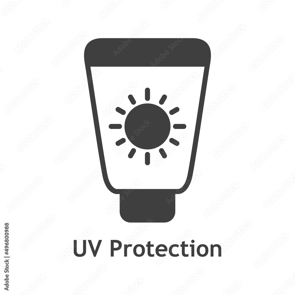 Vacaciones de verano. Crema solar. Logotipo lineal con texto UV Protection con botella con sol en color gris