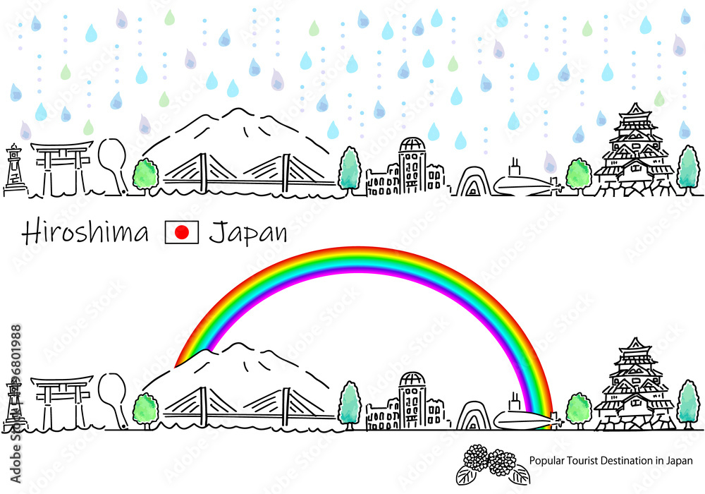 雨の広島の観光地の街並シンプル手描き線画セット Stock Vector Adobe Stock