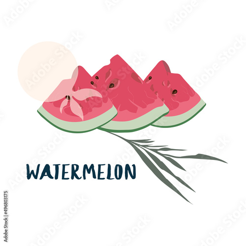 Three juicy slices of fresh bright red watermelon with seeds