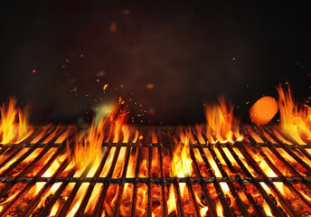 Fire embers particles over black background.  Grill Background - Empty Fired Barbecue On Black . Abstract dark glitter fire particles lights.
