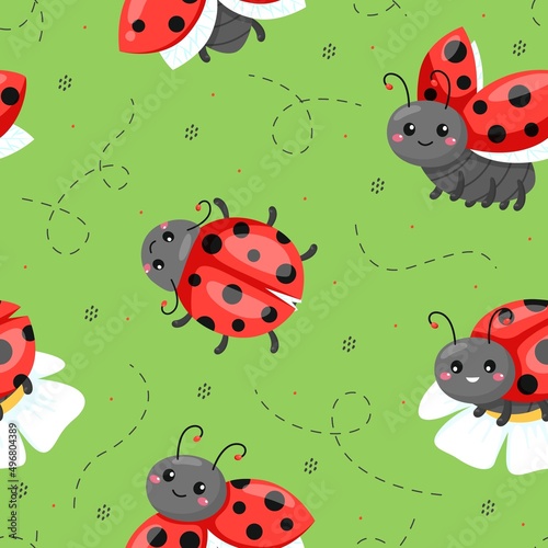 Cartoon ladybugs seamless pattern. Red colorful beetles with black polka dot, flying, crawling funny insects on chamomiles on green background. Decor textile, wrapping paper, vector print