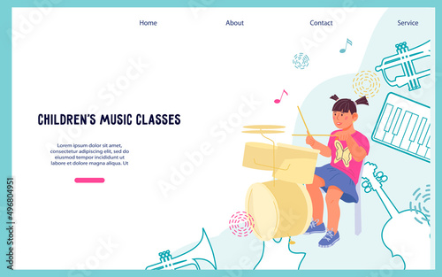 Kids music class website banner, flat vector illustration. Web banner interface.