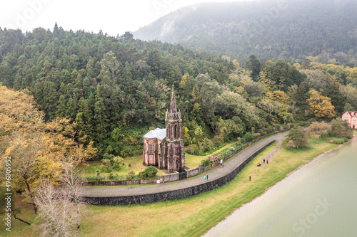 Aerial view of Cappella de Nossa Senhora, a small church in Furnas, Azores Islands, Portugal. photo