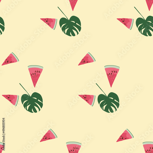Seamless pattern with watermelons and slices. Summer fruit decorative illustration.