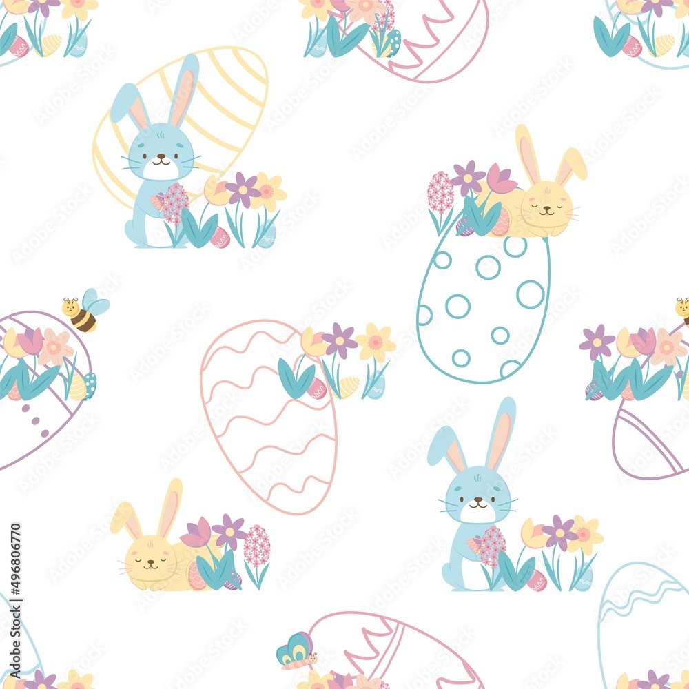 Seamless pattern with Easter Bunny rabbit, eggs and tulips flowers in the basket over white background. Vector illustration. Seamless pattern with Easter Bunny rabbit, eggs and tulips flowers in the basket over white background. Vector illustration.