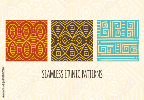 Set of seamless patterns with tribal ornaments of red, yellow, blue and brown colors. Endless texture can be used for pattern fills, web page background, surface textures. Vector illustration EPS8