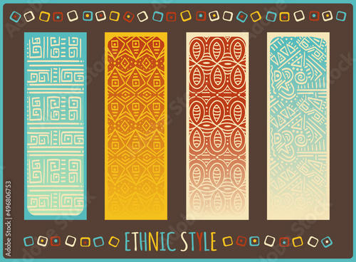 Set of vertical banners with tribal ornaments of red, yellow, blue and beige colors. Vector illustration EPS8