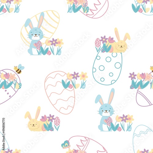 Seamless pattern with Easter Bunny rabbit, eggs and tulips flowers in the basket over white background. Vector illustration.
