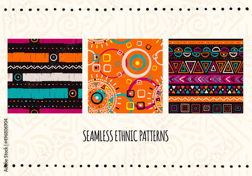 Set of seamless patterns with tribal ornaments of red, yellow, blue and brown colors. Endless texture can be used for pattern fills, web page background, surface textures. Vector illustration EPS8