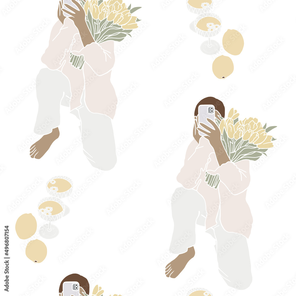 Happy Easter. Modern flat Easter seamless pattern on white background with woman, 
lemonade and tulips. Aesthetics of spring. Cute pattern for textiles and festive packaging. Easter decor. Selfie