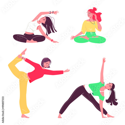 Young woman doing yoga. Physical and spiritual practice. Concept  healthy lifestyle. Vector cartoon illustration