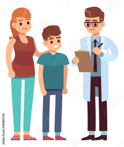 Kid health check. Mother and son talking with doctor
