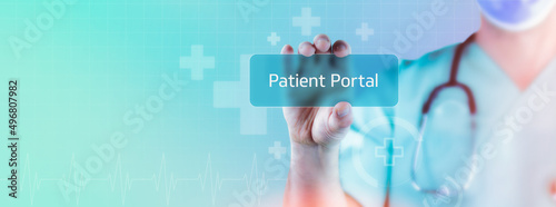 Patient Portal. Doctor holds virtual card in hand. Medicine digital
