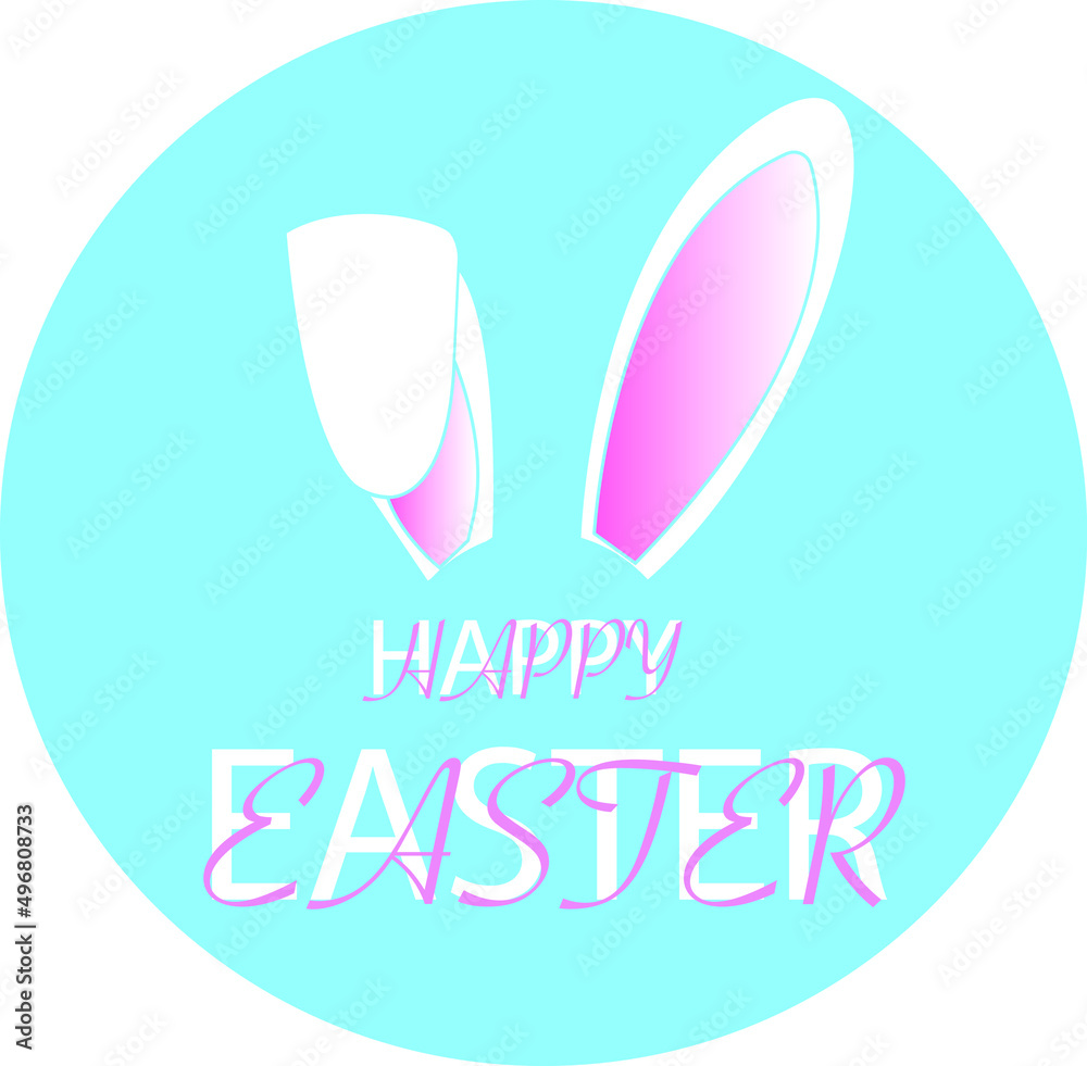 illustration of bunny ears near happy easter lettering in blue circle isolated on white
