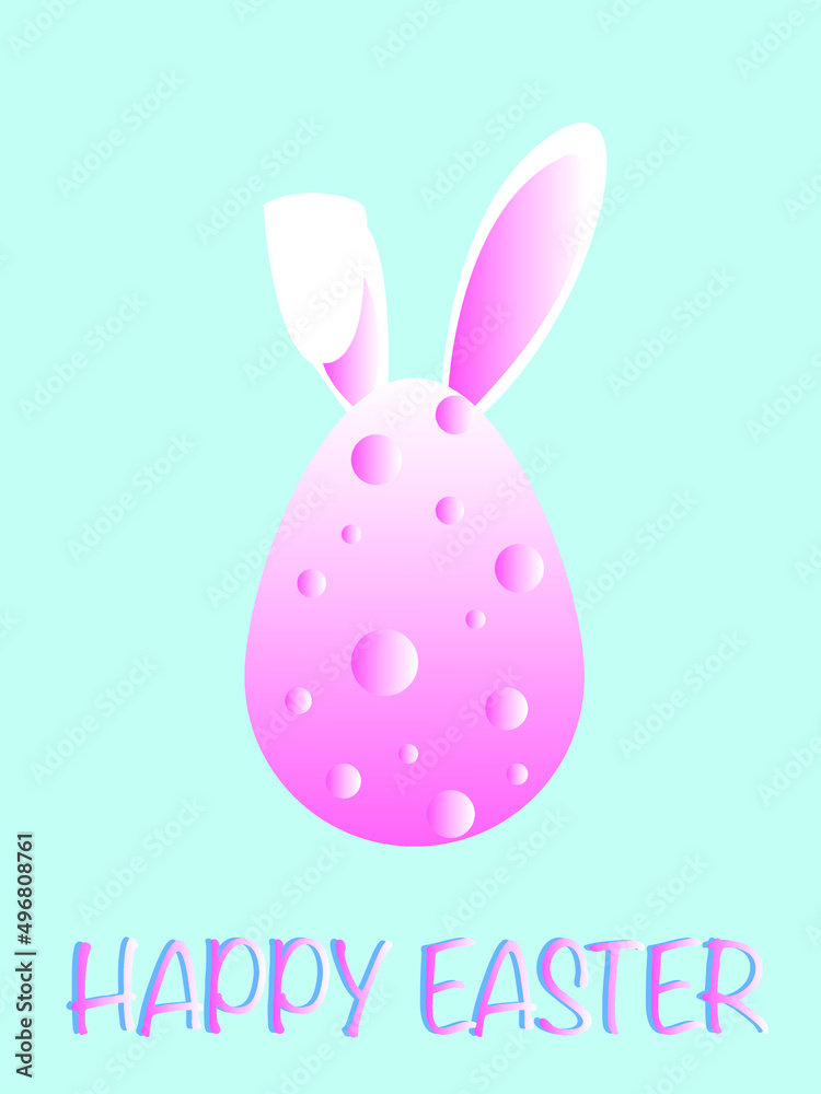 Fototapeta premium illustration of pink chicken egg with bunny nears near happy easter lettering on blue