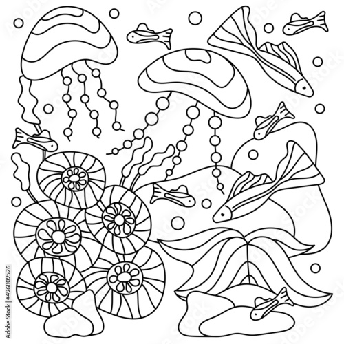 Underwater coloring book page for adult and older children. , Under sea world.