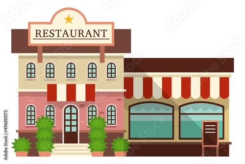 Restaurant front. Beautiful building facade with awning and greenery