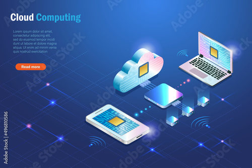 Cloud computing server online connect to smart phone and computer. Digital cloud storage service with data transmission, network connecting technology. Intelligence data storage futuristic background.