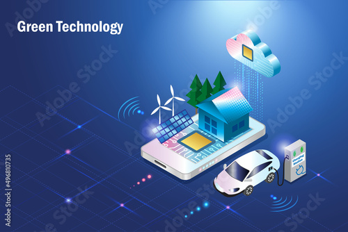 Green technology.Environmentally friendly solar roof house, wind turbine on smartphone with cloud computing and EV car at charging station. Alternative energy for sustainable ecology to save world.