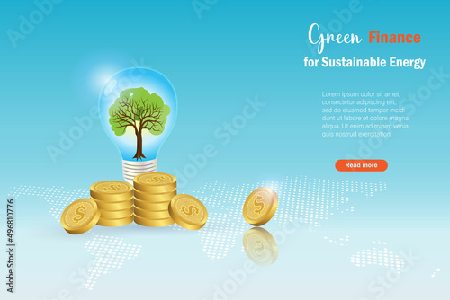 Green finance, money loan strategy to investment for positive environmental to low carbon emissions. Co2 emission reduction, renewable and reuse natural resources for sustainable environment.