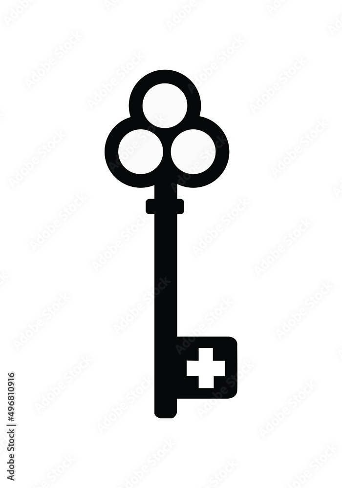Old ornate key vector icon isolated on white. Antique key silhouette. Old ornate key vector icon isolated on white. Antique key silhouette.