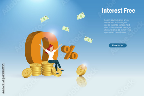 Happy woman with 0% interest free rate. Promotion campaign for financial, banking, home loan and mortgage loan concept.