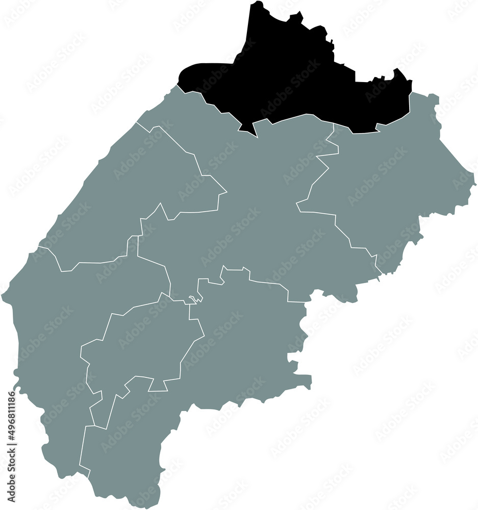 Fototapeta premium Black flat blank highlighted location map of the CHERVONOHRAD RAION inside gray raions map of the Ukrainian administrative area of Lviv Oblast, Ukraine