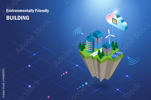 Green technology. Environmentally friendly buildings land with cloud computing in futuristic background. Alternative energy for sustainable ecological, circular economy.