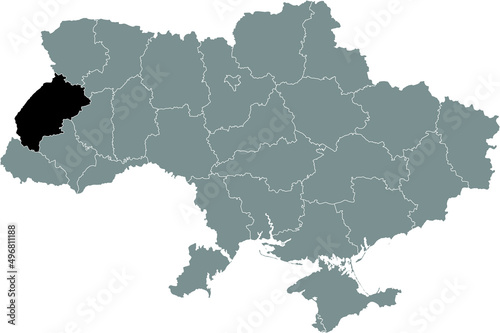 Black flat blank highlighted locator map of the Ukrainian administrative area of LVIV OBLAST inside gray flat map of UKRAINE