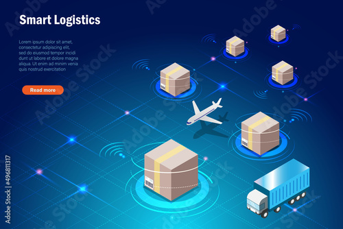 Smart logistics delivery tracking system with wireless technology. Shipment cartons delivery by airplane and transportation truck with cloud computing. Global logistic import export freight.