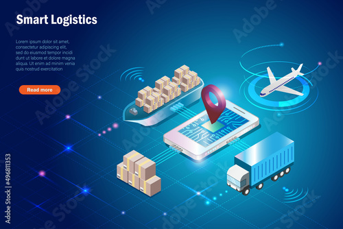Smart global logistics delivery tracking system on smartphone. Shipment carton delivery in supply chain, airfreight, seafreight and transportation truck use wireless technoloty. photo