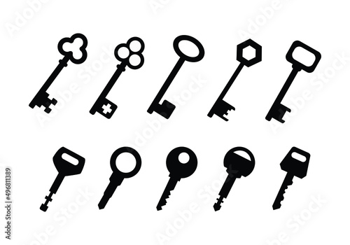 Set of vintage key types. Old keys collection.