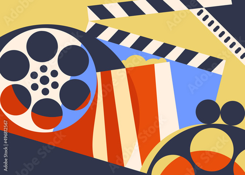 Cinema banner with clapperboard and popcorn. Placard design in abstract style.