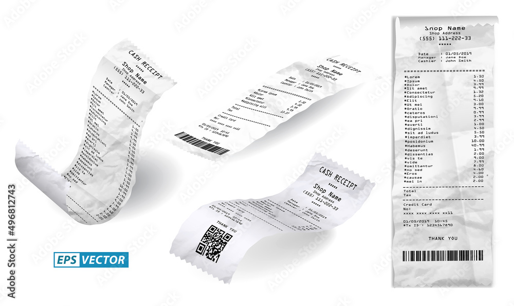 Naklejka premium set of realistic cash register sales receipt isolated or cash receipt printed white paper or printout thermal rolled paper. eps vector
