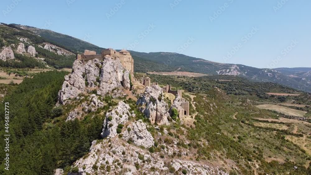 Castle of Loarre in Aragon, Spain - Aerial Drone View (Pan Up) of the Old Medieval Castle Castle of Loarre in Aragon, Spain - Aerial Drone View (Pan Up) of the Old Medieval Castle