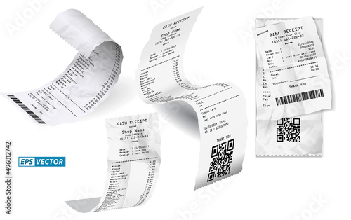 set of realistic cash register sales receipt isolated or cash receipt printed white paper or printout thermal rolled paper. eps vector