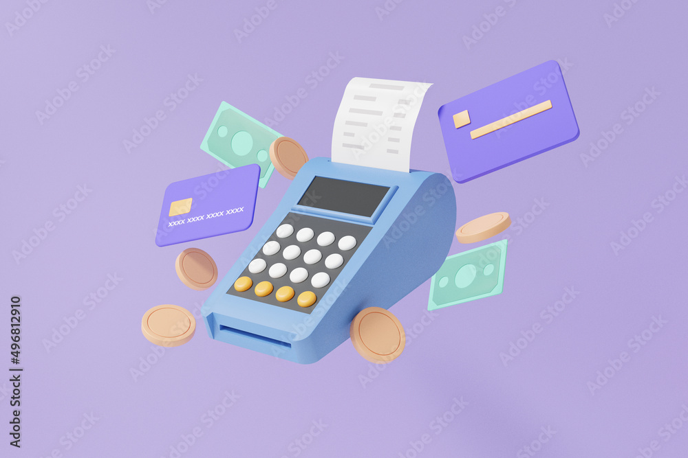 Pos terminal and calculate with credit card floating, money payments concept. shopping, minimal cartoon cute smooth on purple background. 3d render illustration Pos terminal and calculate with credit card floating, money payments concept. shopping, minimal cartoon cute smooth on purple background. 3d render illustration