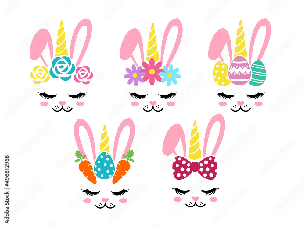 Unicorn monogram with easter bunny rabbit with eggs ,carrot,flowers on head face vector