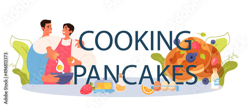 Cooking pancakes typographic header. Tasty pancake for breakfast
