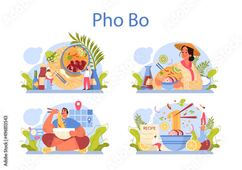 Pho bo set. Vietnamese soup in a bowl. Traditional spicy meal