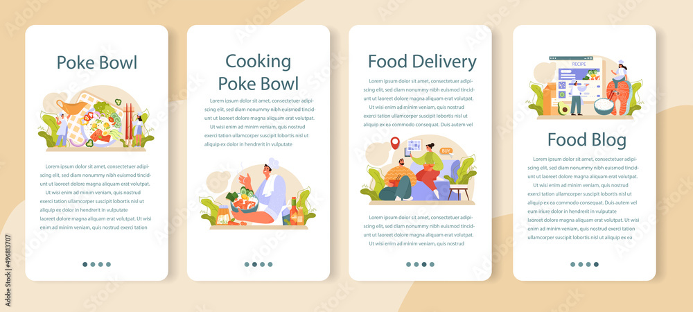 Poke bowl mobile application banner set. Fresh healthy food with salmon
