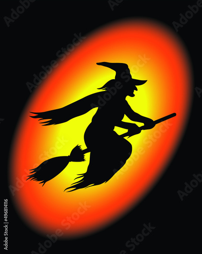 Witch flying on magical broomstick with bright background. Halloween Witch or magical lady.