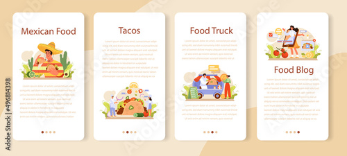 Tacos mobile application banner set. Traditional mexican fast-food