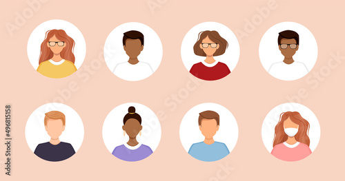 Fototapeta Naklejka Na Ścianę i Meble -  Set of diverse avatars of business team people. Collection of portraits of men and women in a round frame. Vector illustration of faces. No face.