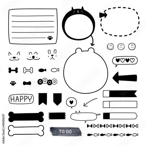 set of cute doodle text box planner with icon sticker, speech bubble balloon, flat design, vector, illustration
