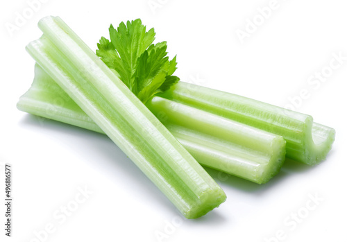 Pile of celery ribs isolated on white background.