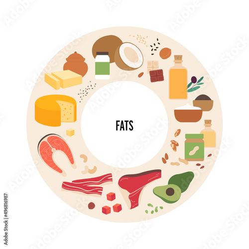 Food and meal ingredients vector flat illustration set. Fat sources food plate infographic circle frame with label. Colorful food and meal icon set of meat, seafood, vegetables and dairy products.